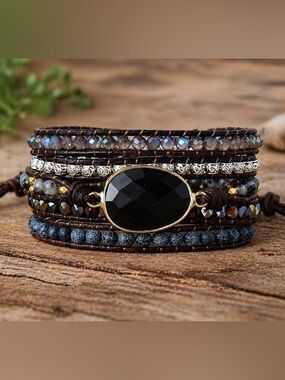 Black Boho Agate Beaded Bracelet